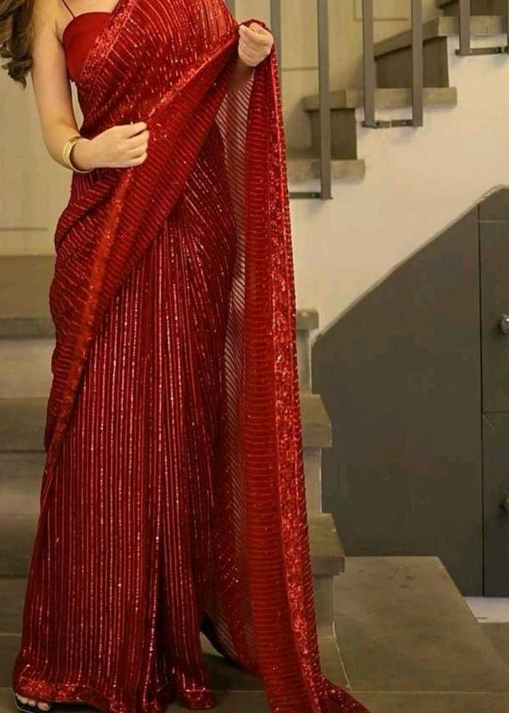 Premium Red Sequin Saree+Stiched Blouse+Peticot