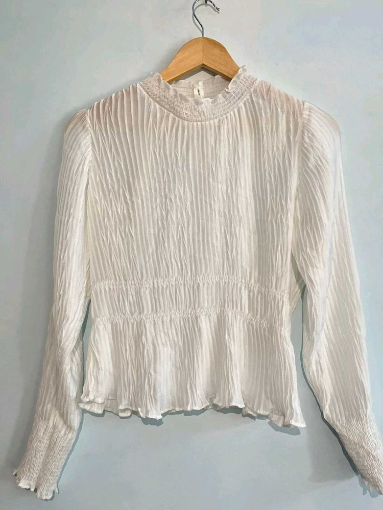 White Crinkle Mock Neck Blouse