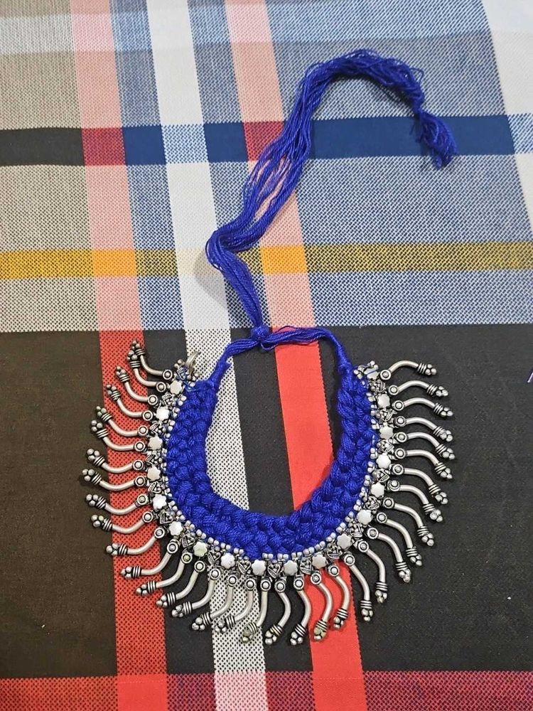 Blue Threaded Silver Tone Necklace