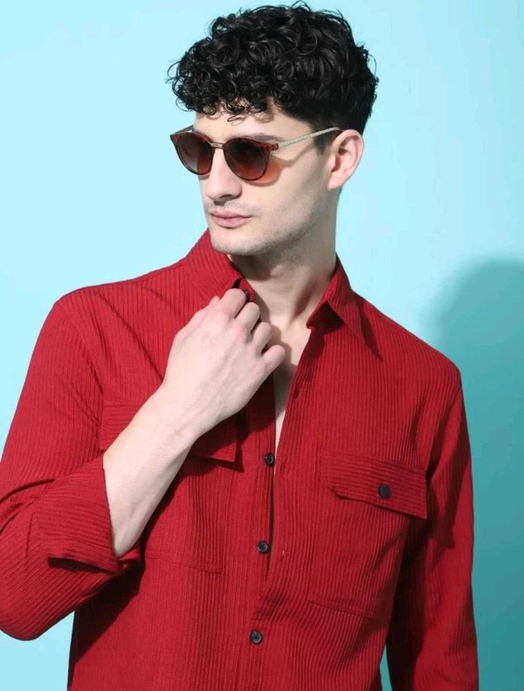 Voroxy Men Self Design Casual Red Shirt