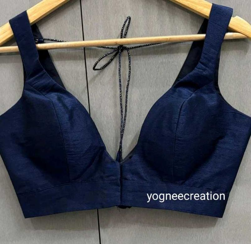 Raw Silk Padded Front Hook Deep Neck Blouse