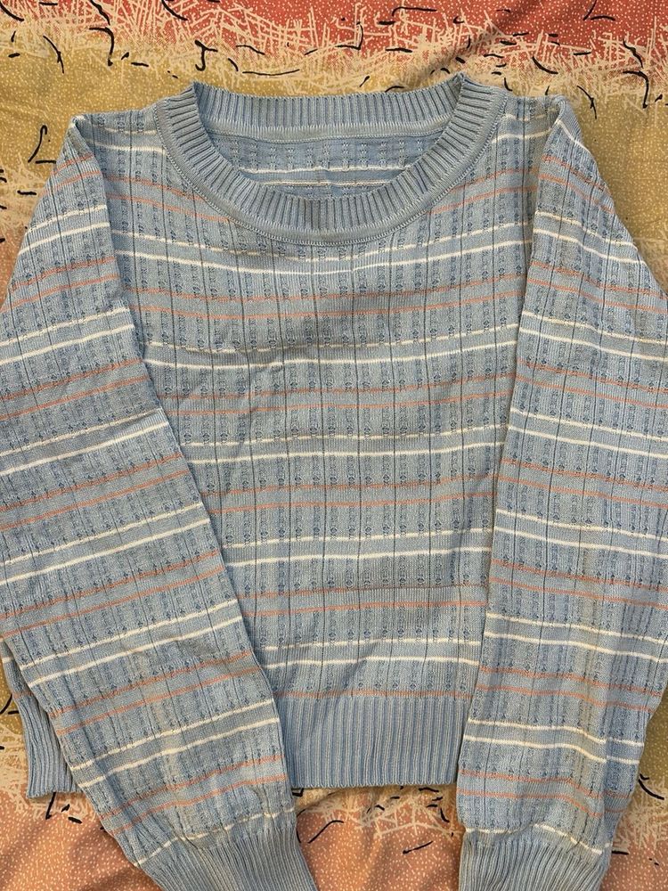 Blue Striped Knit Korean Top