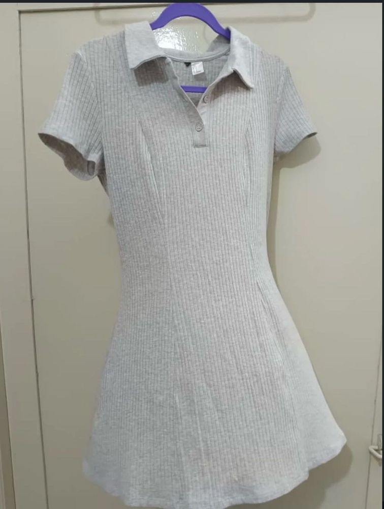 Gray Ribbed Knit Polo Dress