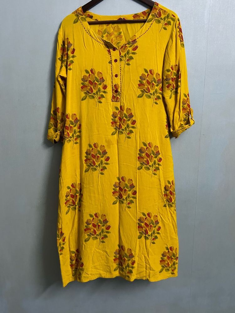 Mustard Floral Cotton Kurti