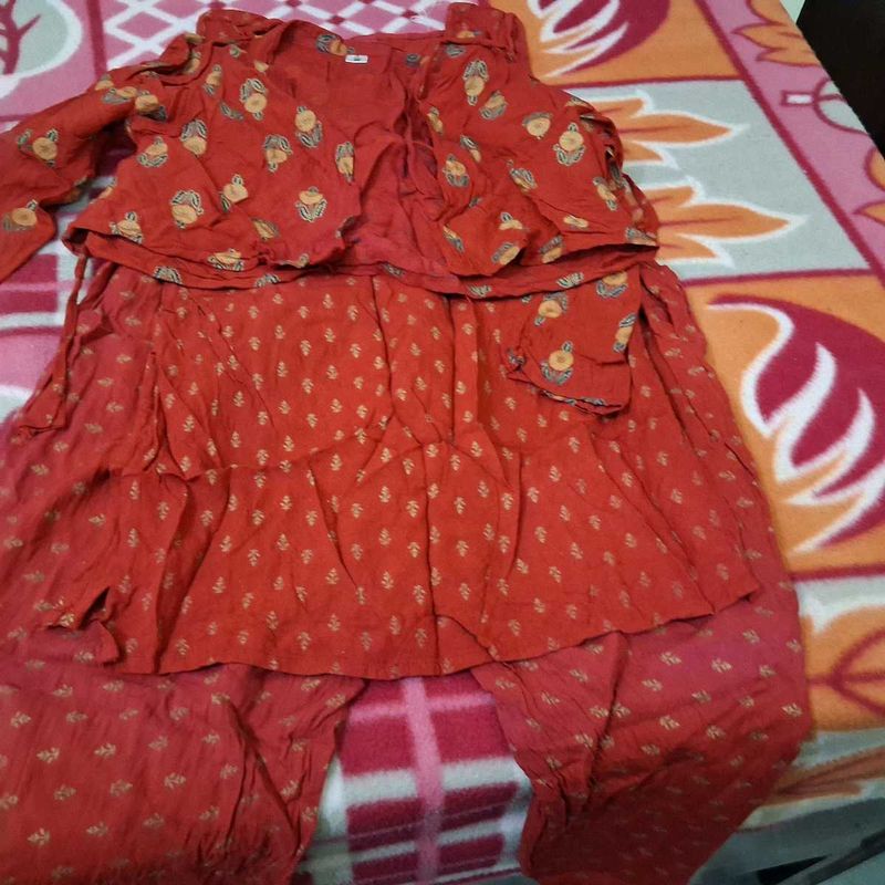 Red Printed Kurta Set with Jacket