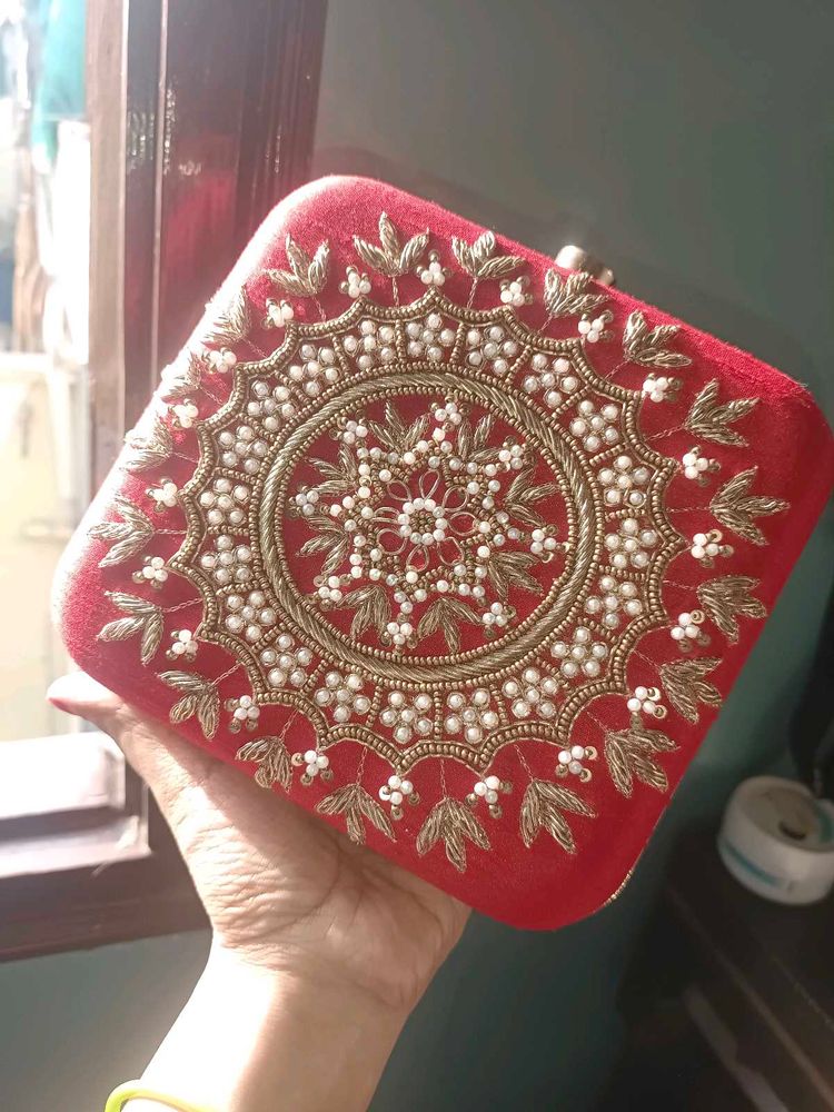 Red And Gold Toned Hand Embroidered Clutch