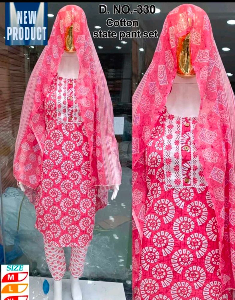 Pure Jaipuri Cotton Kurti Pant Dupatta Set