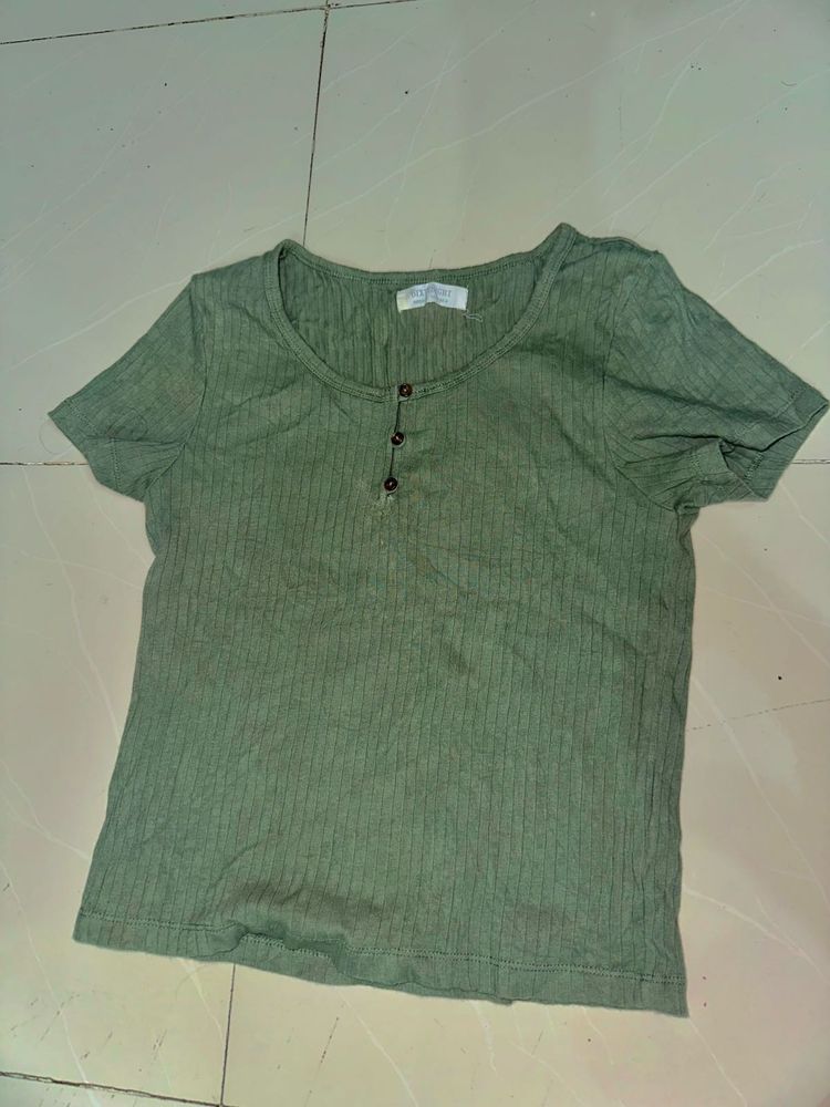 Olive Green Ribbed Button T-Shirt