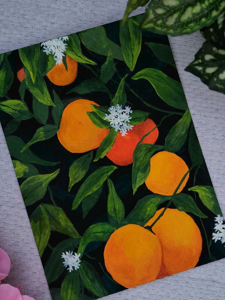 🍊 Oranges And Leaves – Handmade Painting 🎨✨