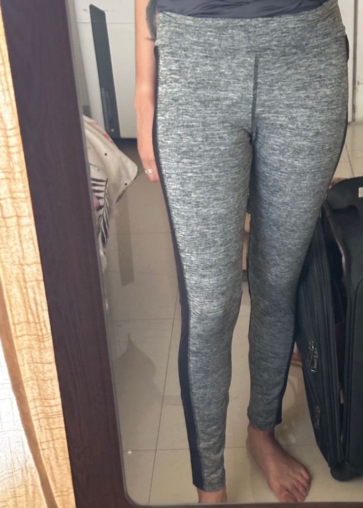 Gray Athletic Leggings with Black Stripe
