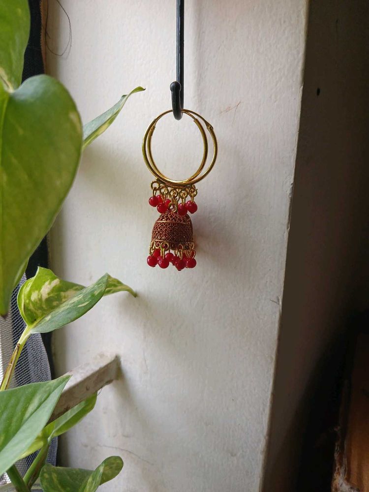 Red Beaded Jhumka Earrings