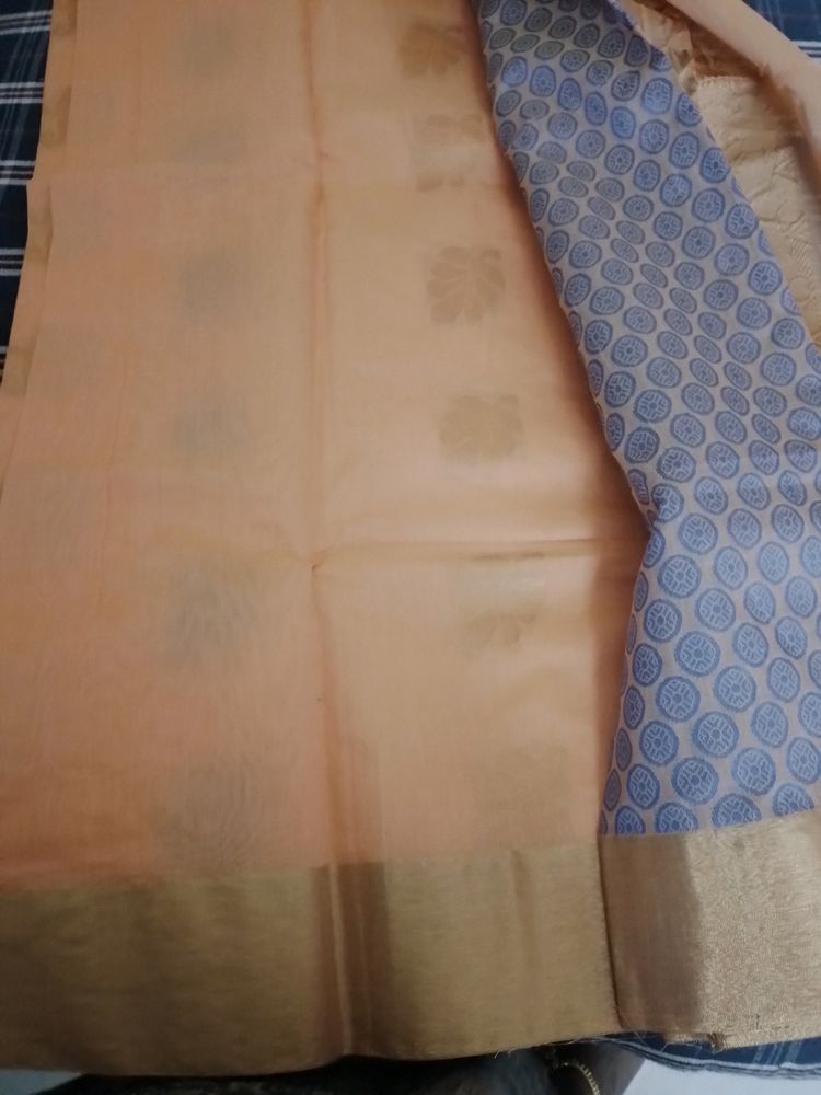 Paper Silk Peach Saree With Zaree Border Unused