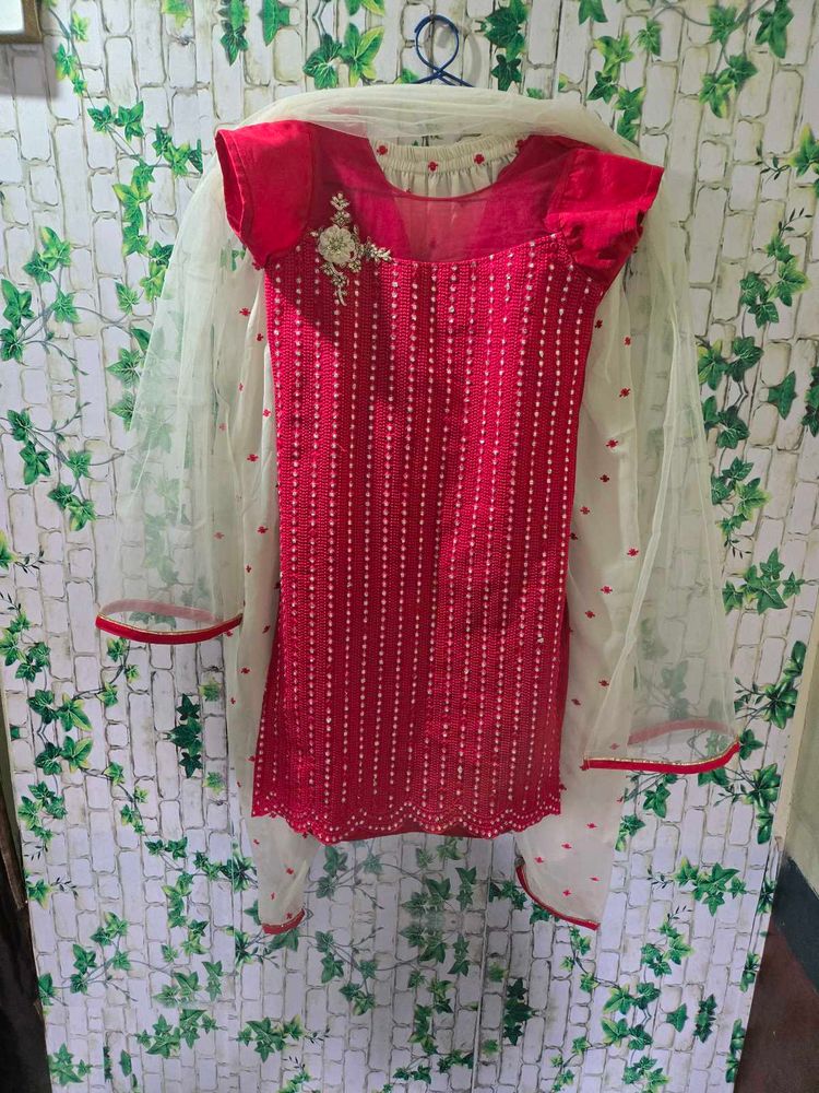 Red Embroidered Kurta Set