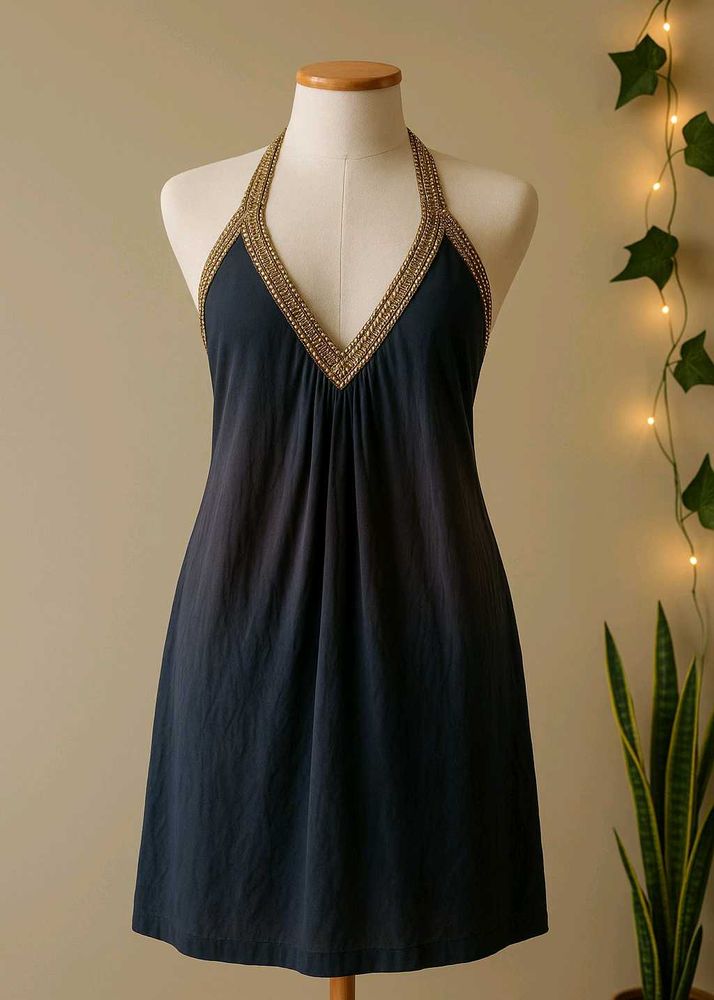 Black Halter Dress with Gold Detail