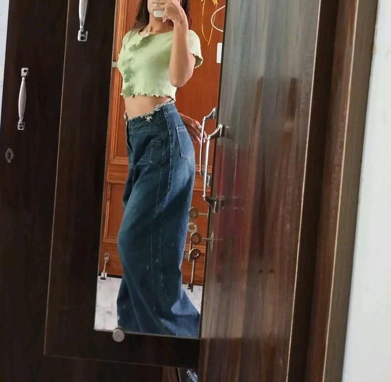 Vintage Y2k Wide Leg BaggyJeans With TeddyButton