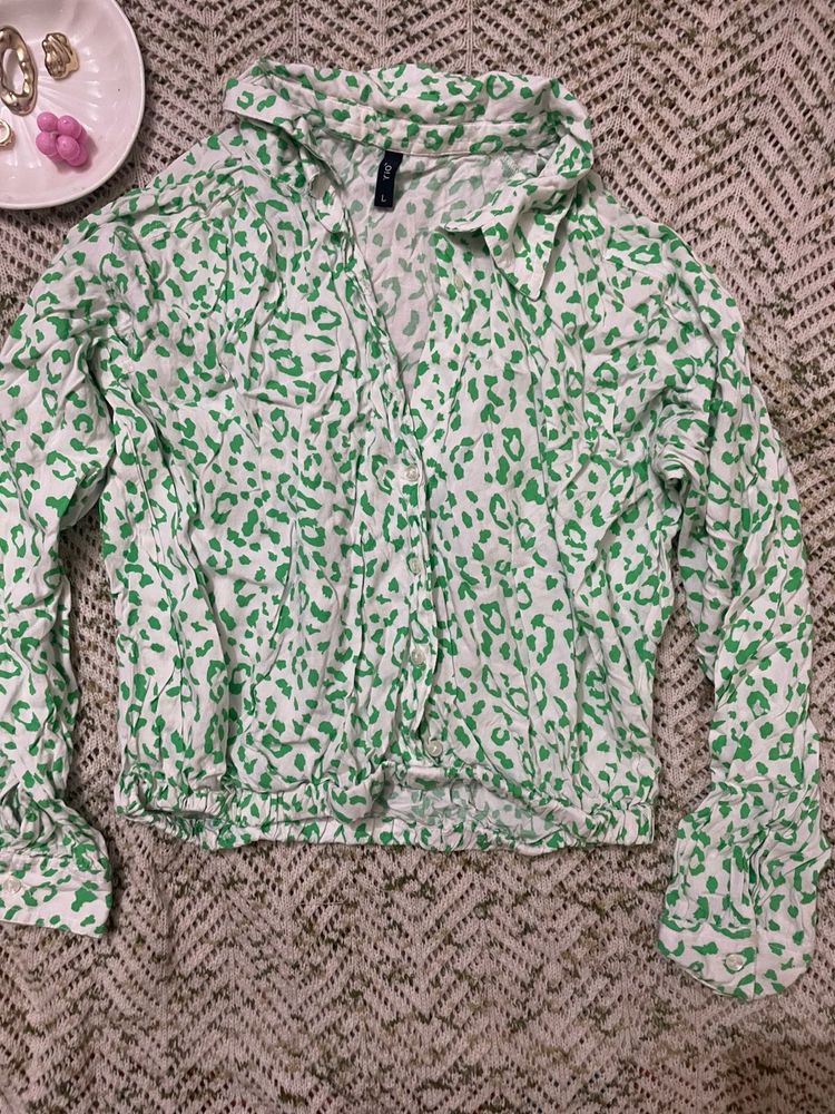White And Green Animal Print Shirt