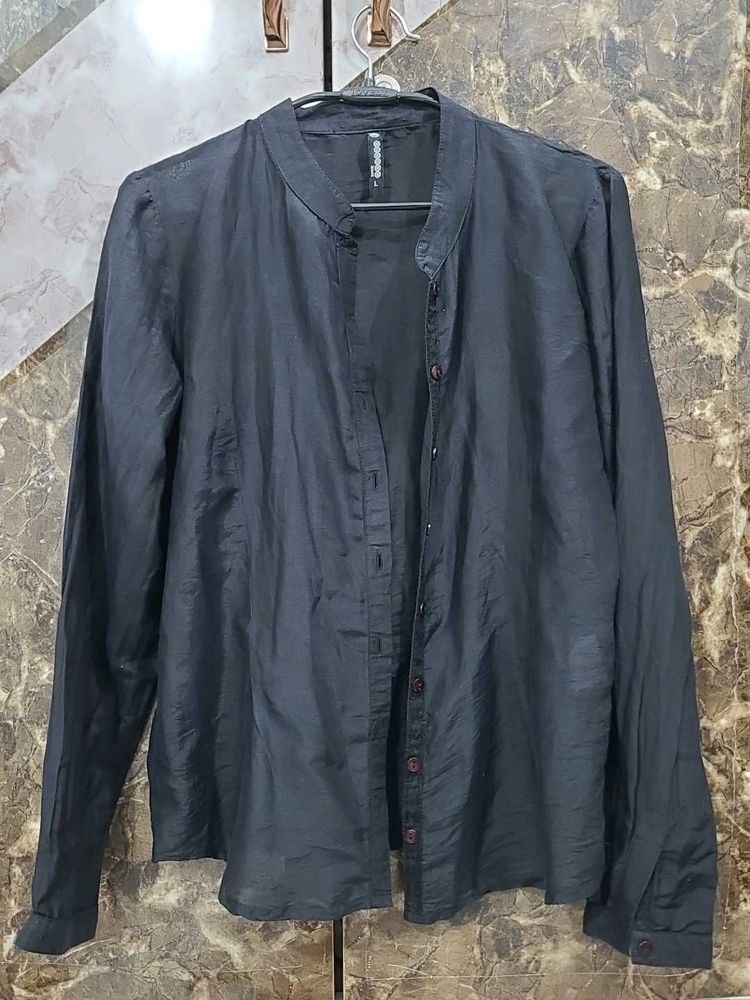 Exported Black cotton+silk fabric shirt