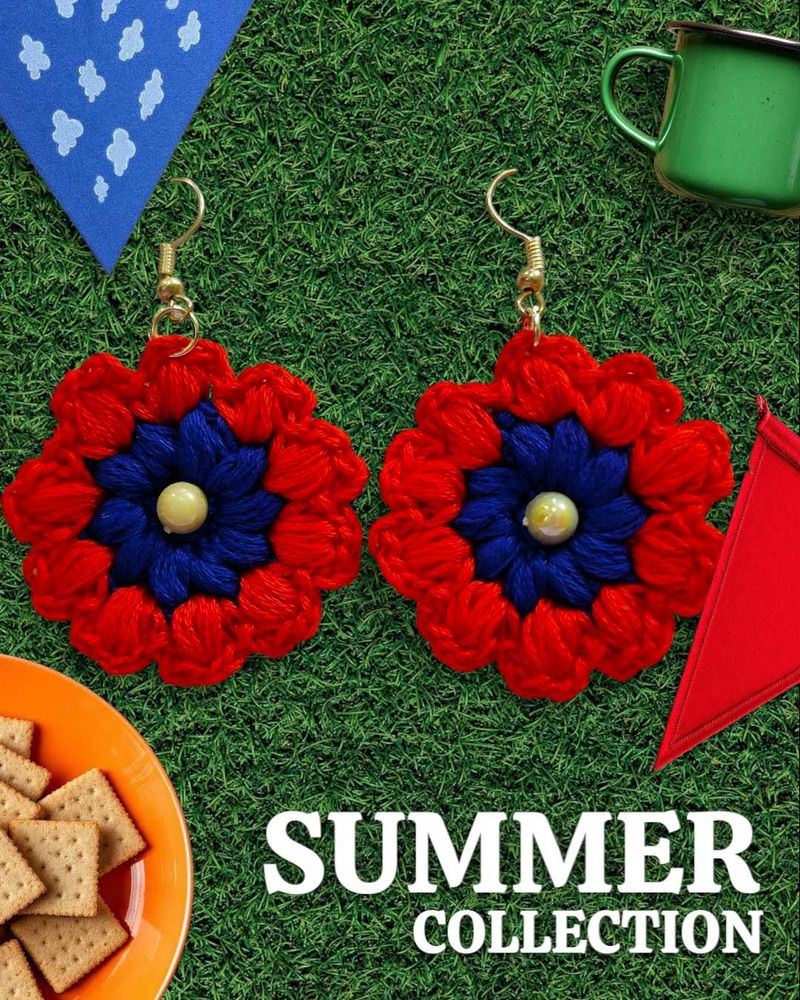 Red &amp; Blue Crochet Flower Earrings