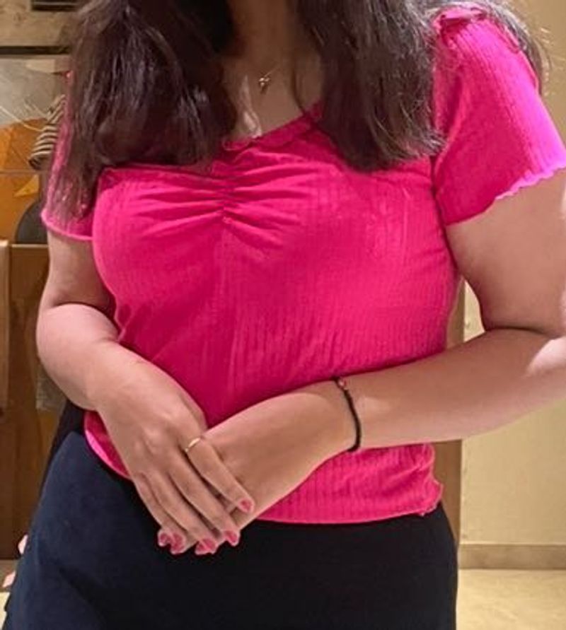 Ribbed Pink Ruched V-Neck Top