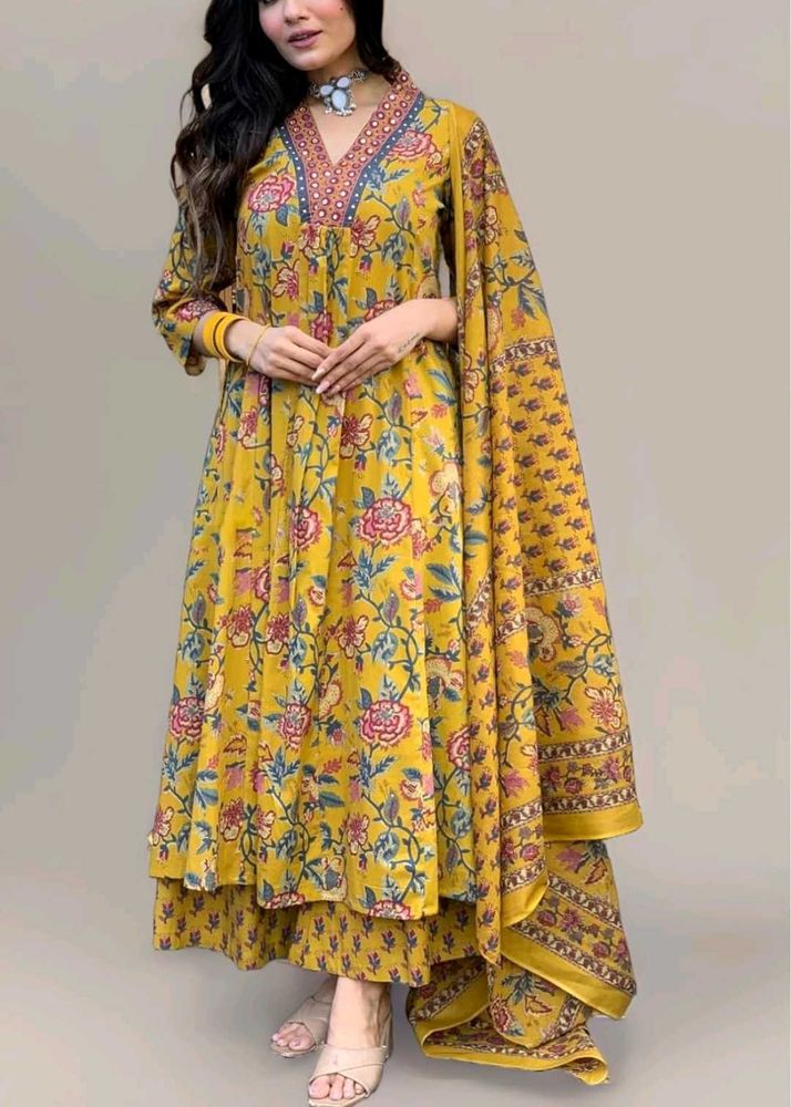 Jaipuri Flower Print Cotton Anarkali Suit
