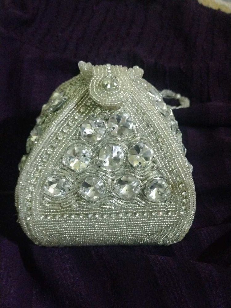 Beaded Silver Potli Purse