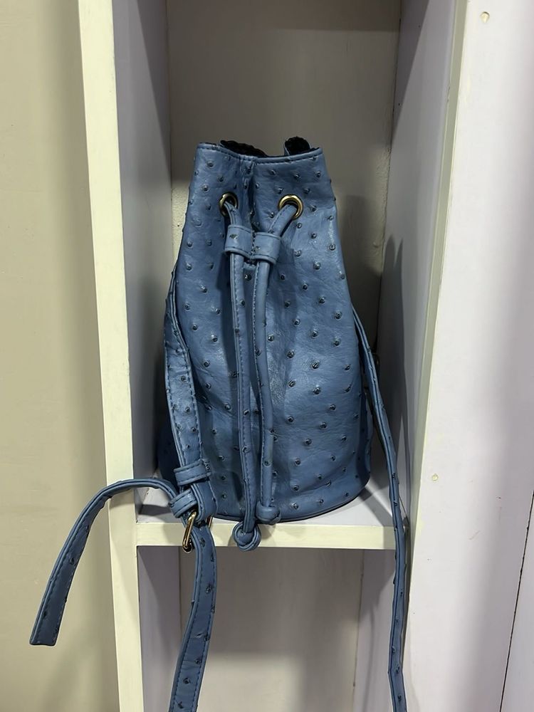 Blue Faux Ostrich Bucket Bag