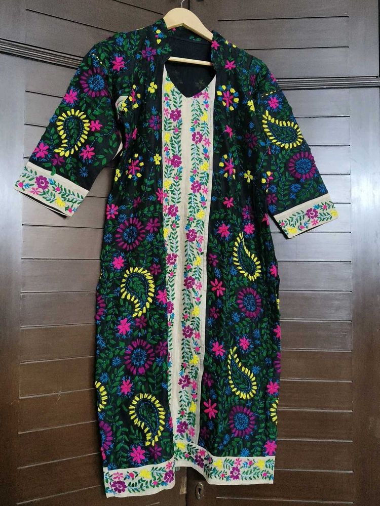 Women Black Cotton Silk Fulkari Embroidery Kurta