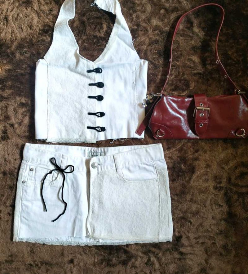 White Denim Lace Skirt