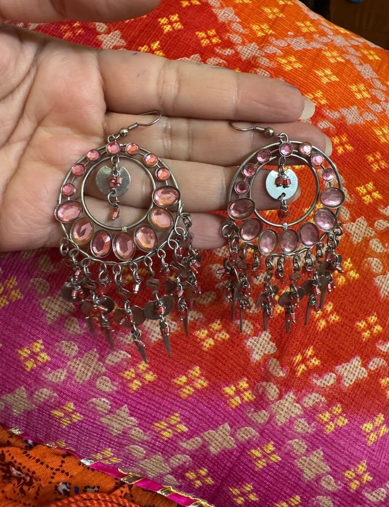 Pink Silver Chandelier Earrings
