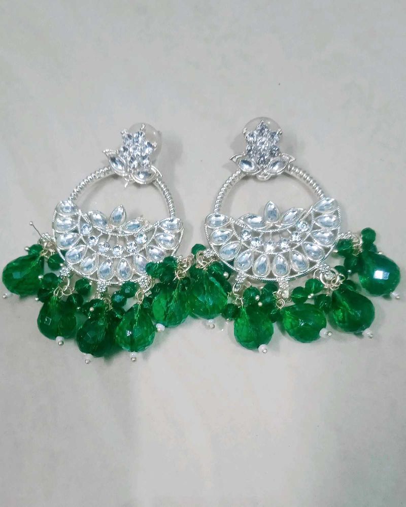 Green Kundan Chandbali Earrings