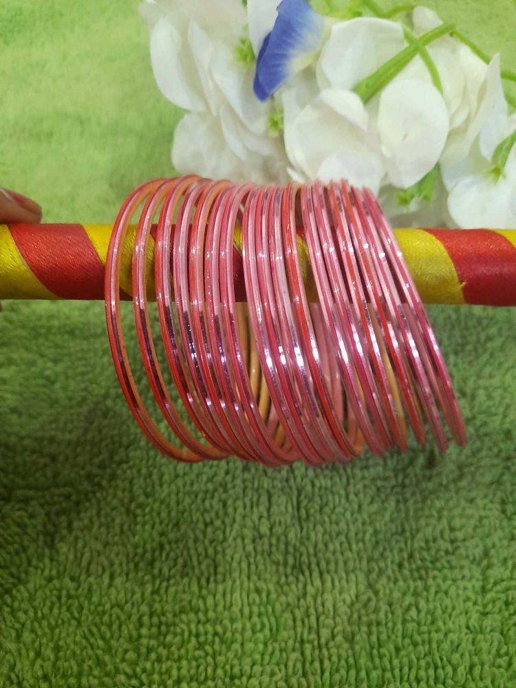 Pink Glass Bangles - Set of 16