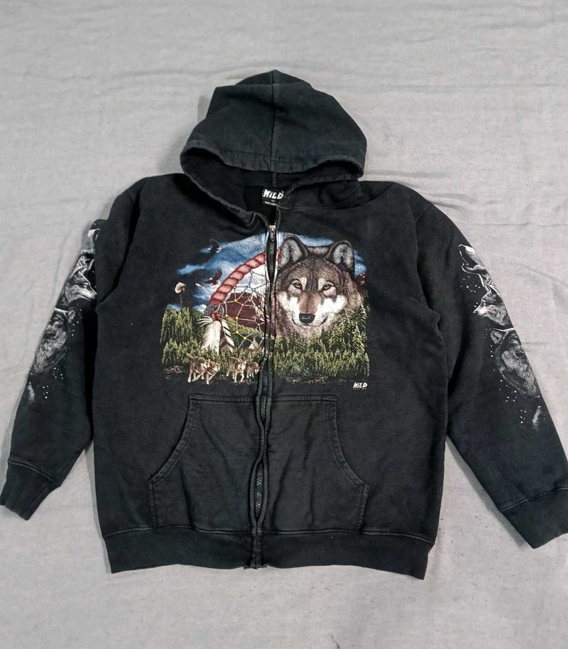 Vintage Y2K Wolf Graphic Zip Hoodie