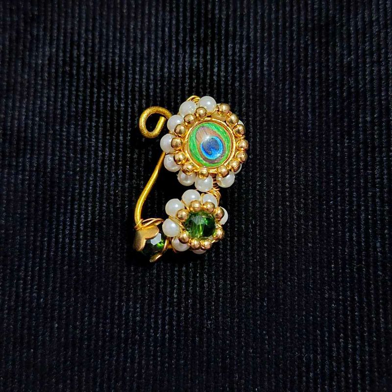 Peacock Nose Pin - Gold &amp; Pearl