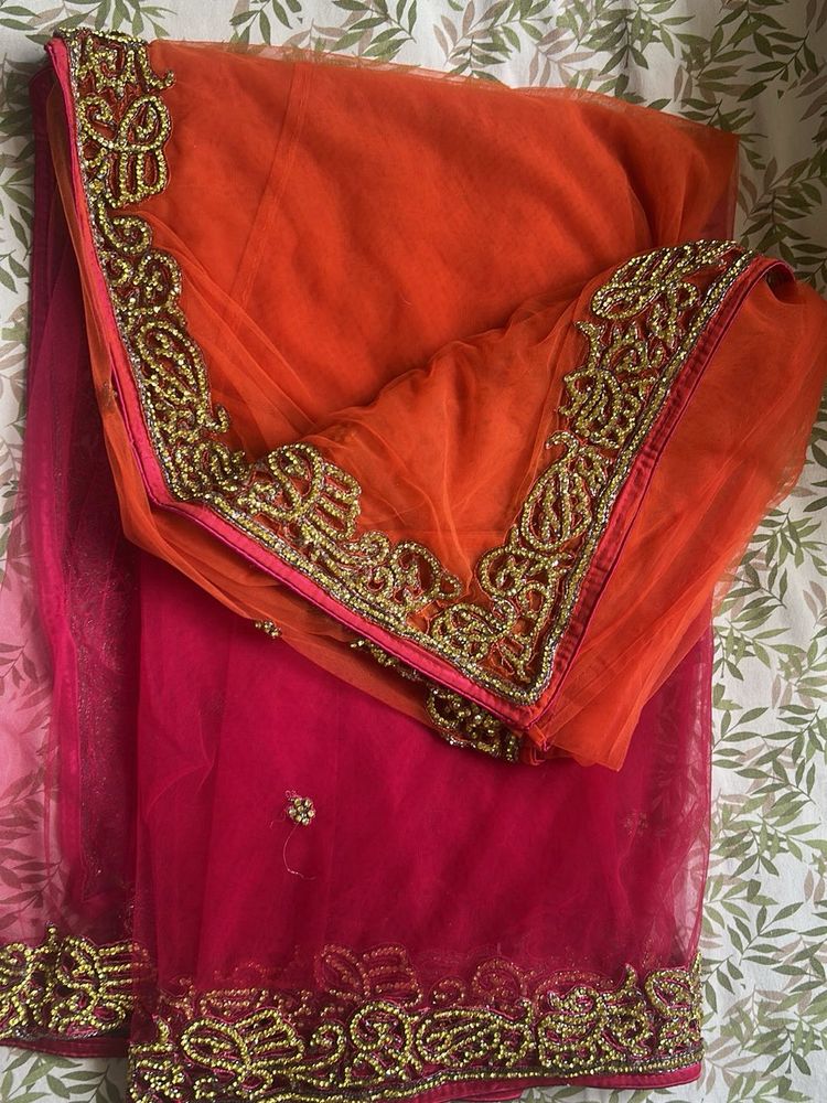 Orange &amp; Pink Net Embroidered Saree