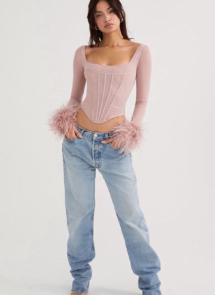 Women&#39;s Feather Long Sleeve Corset Top Faux Fur