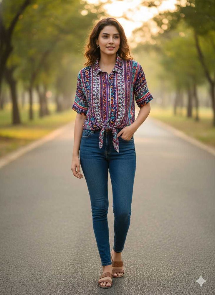 Patterned Tie-Front Top