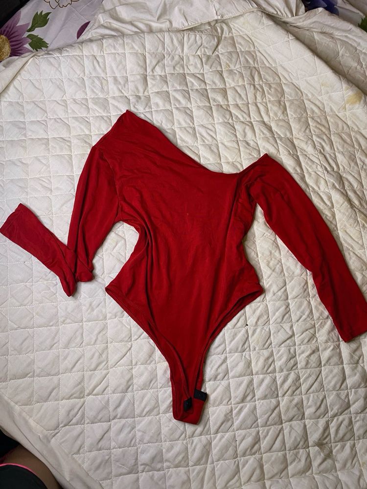 Red One Shoulder Down Bodysuit Top❤️