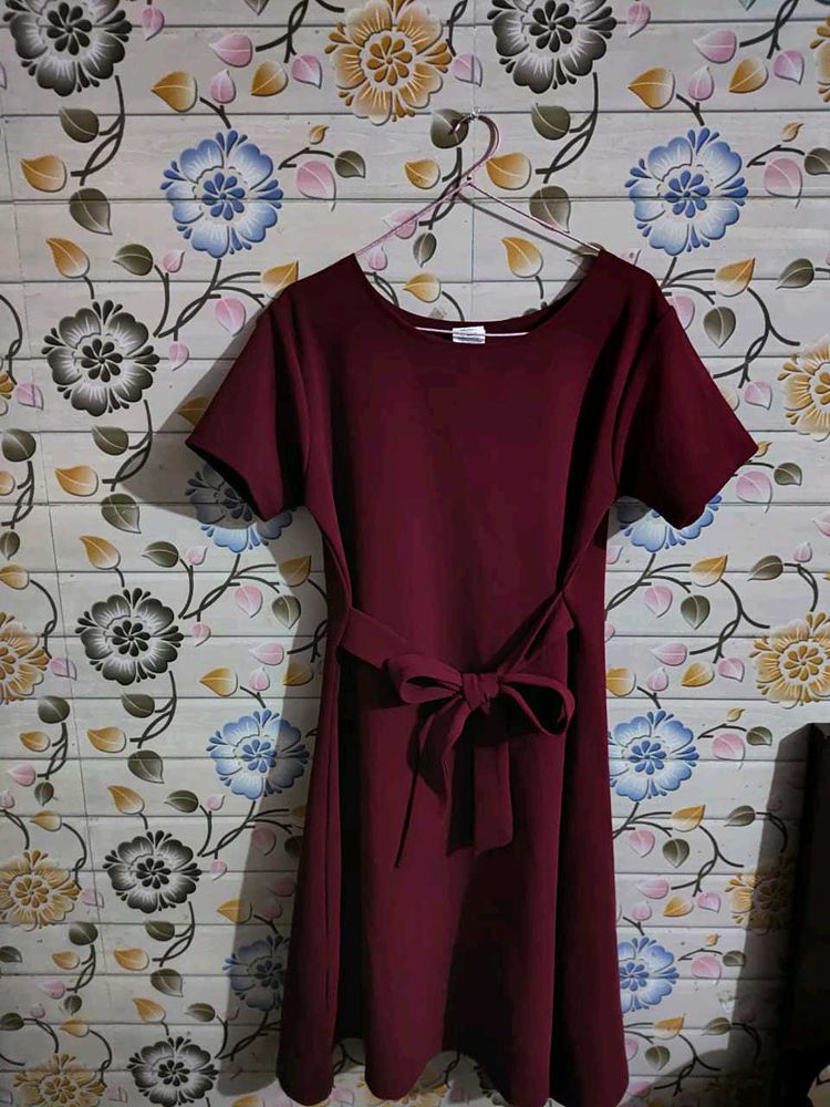 Wine Red Tshirt Dress With Ribbon Bow🎀
