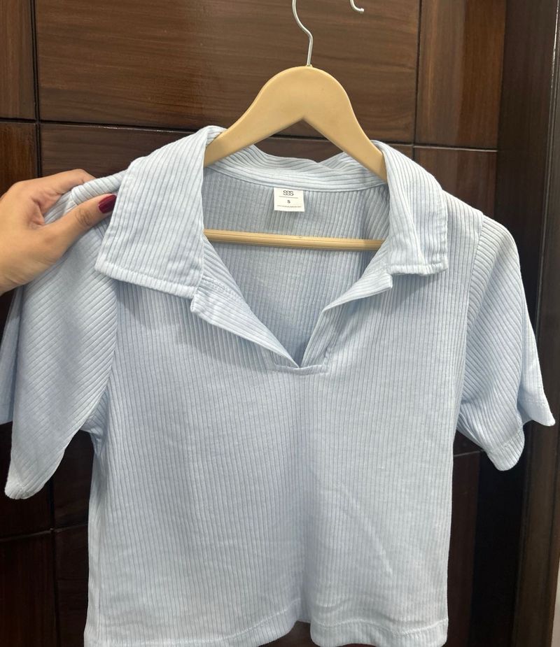 Cute Blue Ribbed Polo Top from SSS
