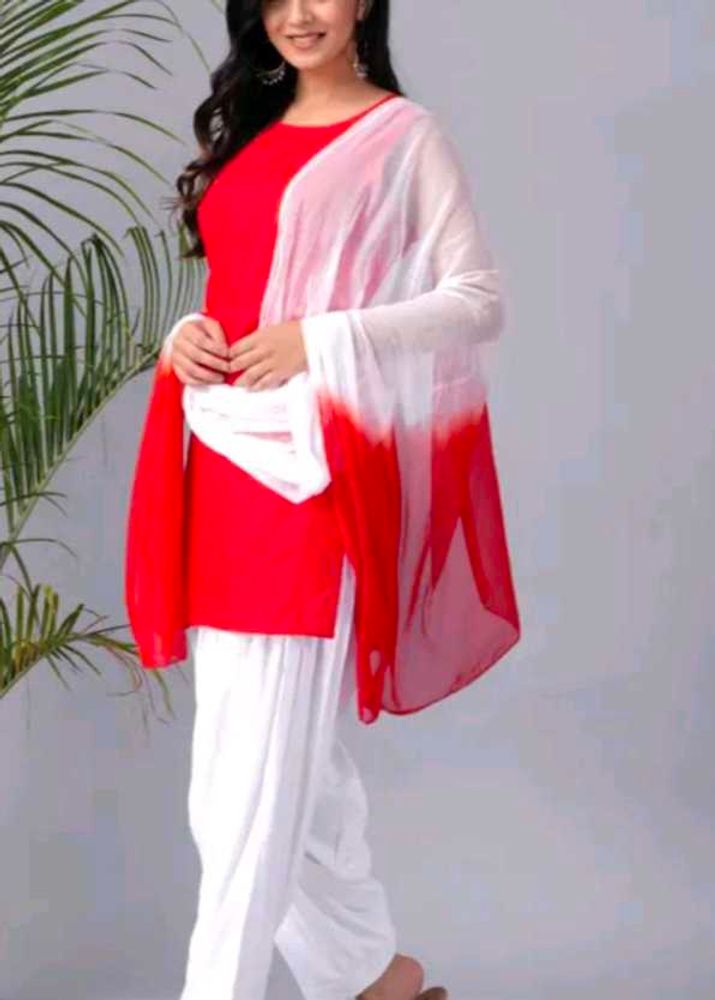 Red Kurta with White Dupatta Set