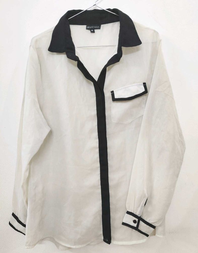 Off White, Black Collar &amp; Border Shirt.