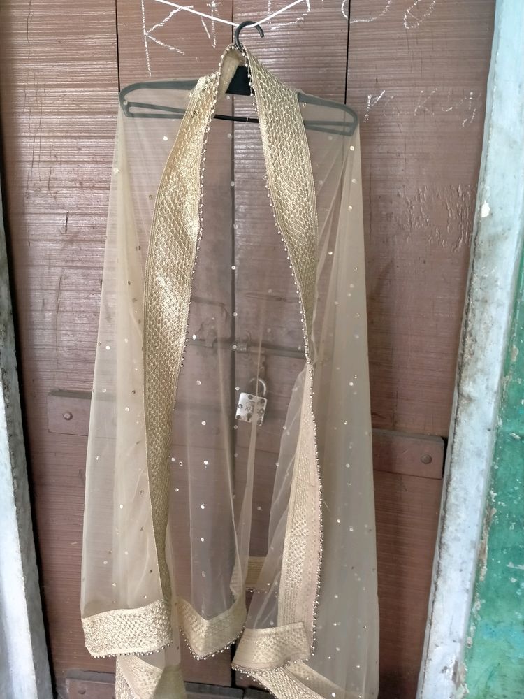 Designer,Heavy ,Long Length Golden Net Dupatta With Golden Stone And Wide Border
