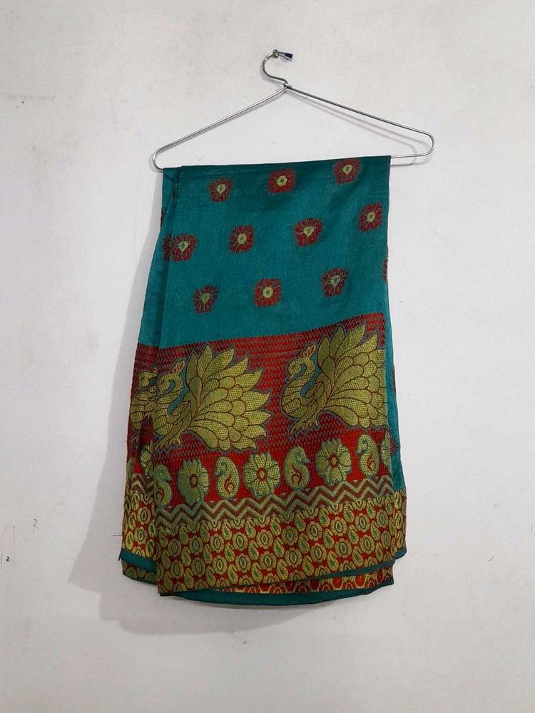 Vibrant Teal &amp; Red Peacock Motif Saree