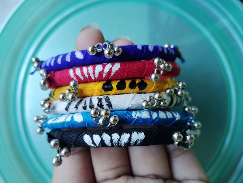 Colorful Fabric Bangle Set with Bells