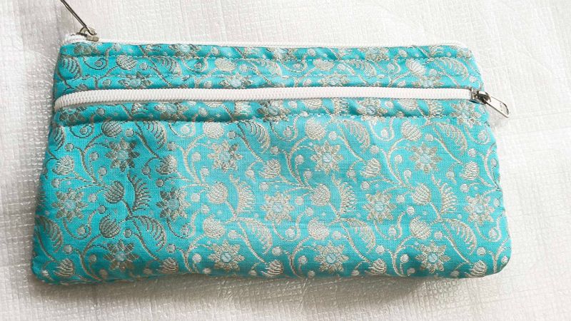 Elegant Turquoise Brocade Clutch with Silver Flora