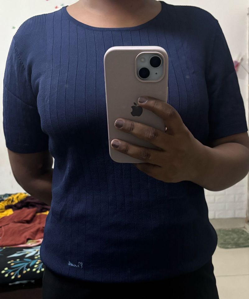Navy Ribbed Knit Top