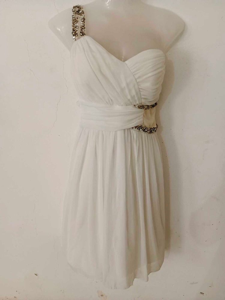 ONE-SHOULDER EMBELLISHED CHIFFON DRESS