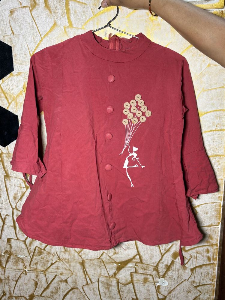 &#34;Balloon Girl Button-Up Tunic - MaroonCotton Casua