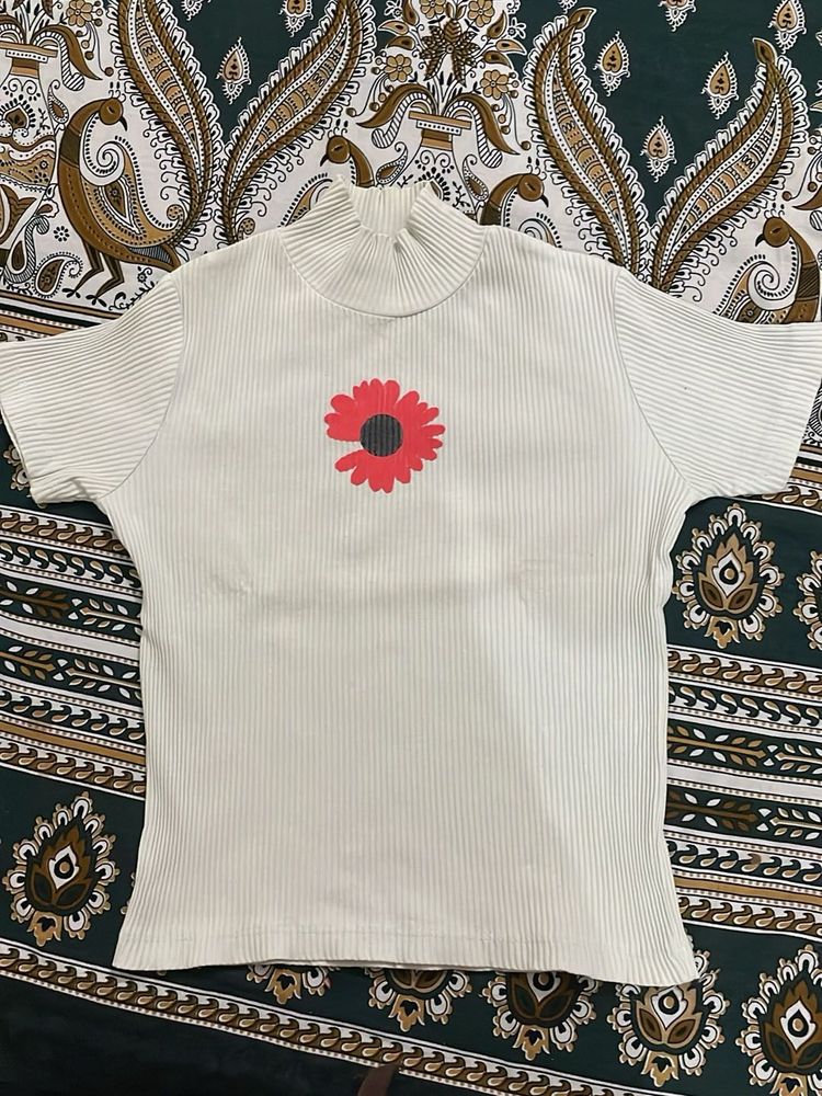 Floral Ribbed Mock Neck Top