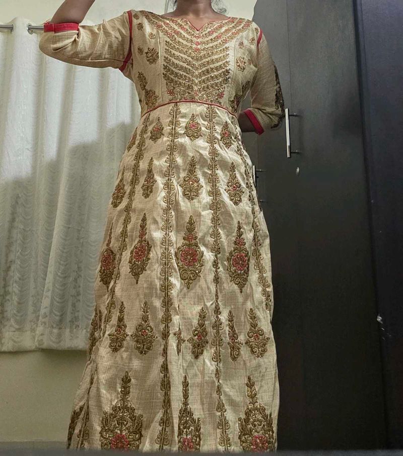Beige Pink Ethnic Gown Set Leggings Dupatta